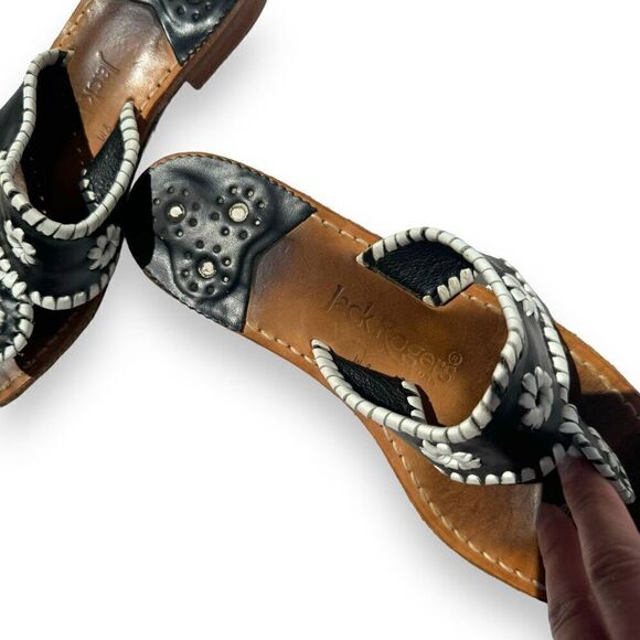 Jack Rogers Classic Whip-Stitch Palm Beach Leather Thong Sandal Black & White 8M - Picture 4 of 6